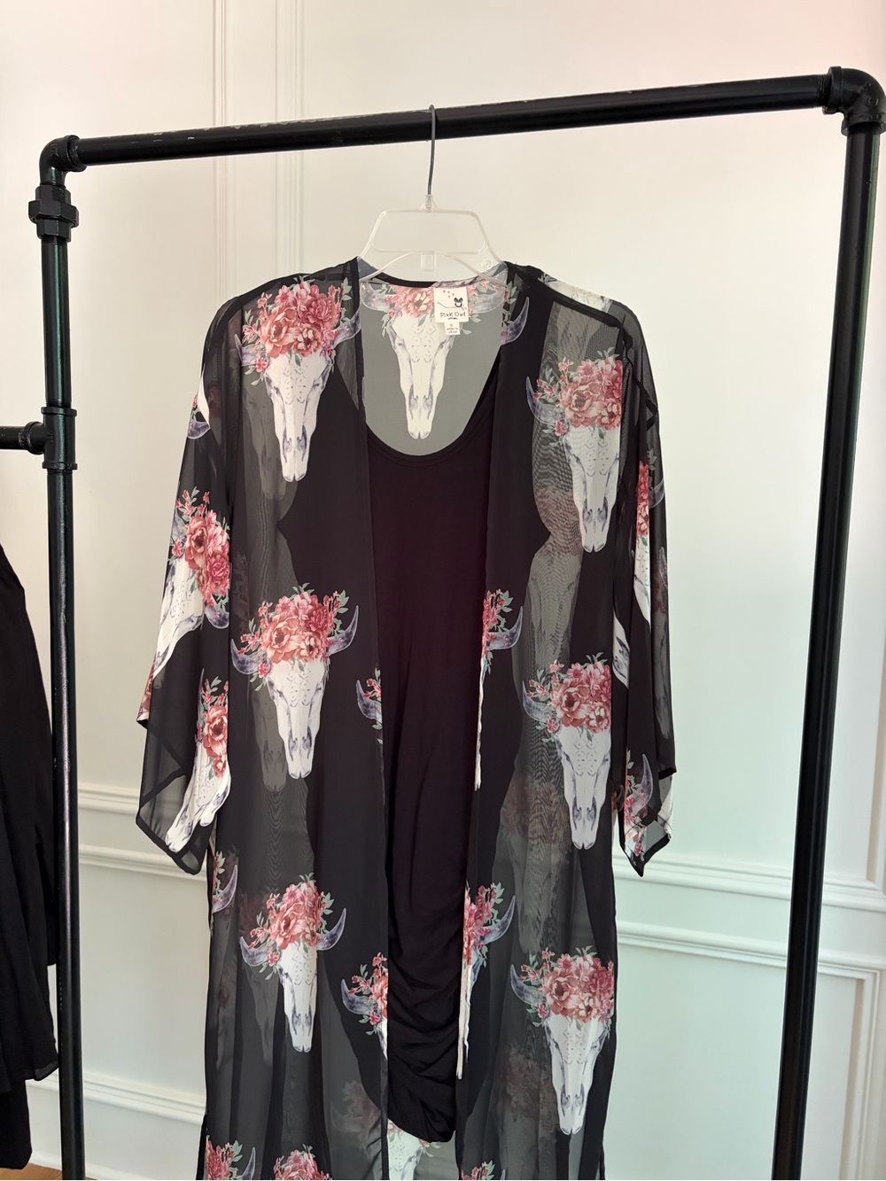 Sheer Black Floral Skull Print Kimono - Boho Festival Cover-Up